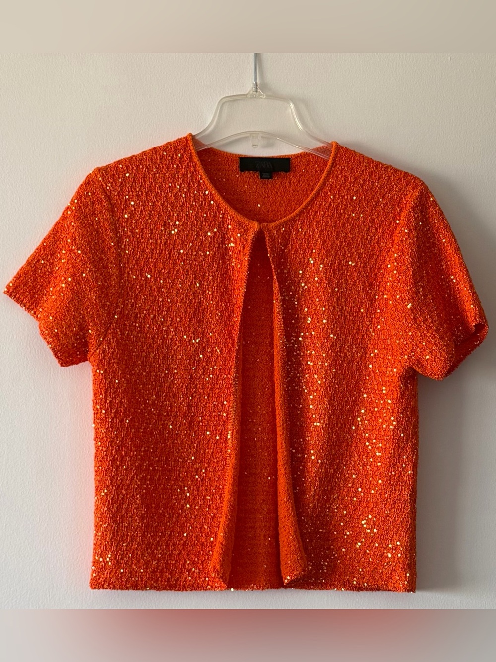 ZARA Orange Sequin Knit Cardigan Top Short Sleeve Sparkle Shrug Size Large